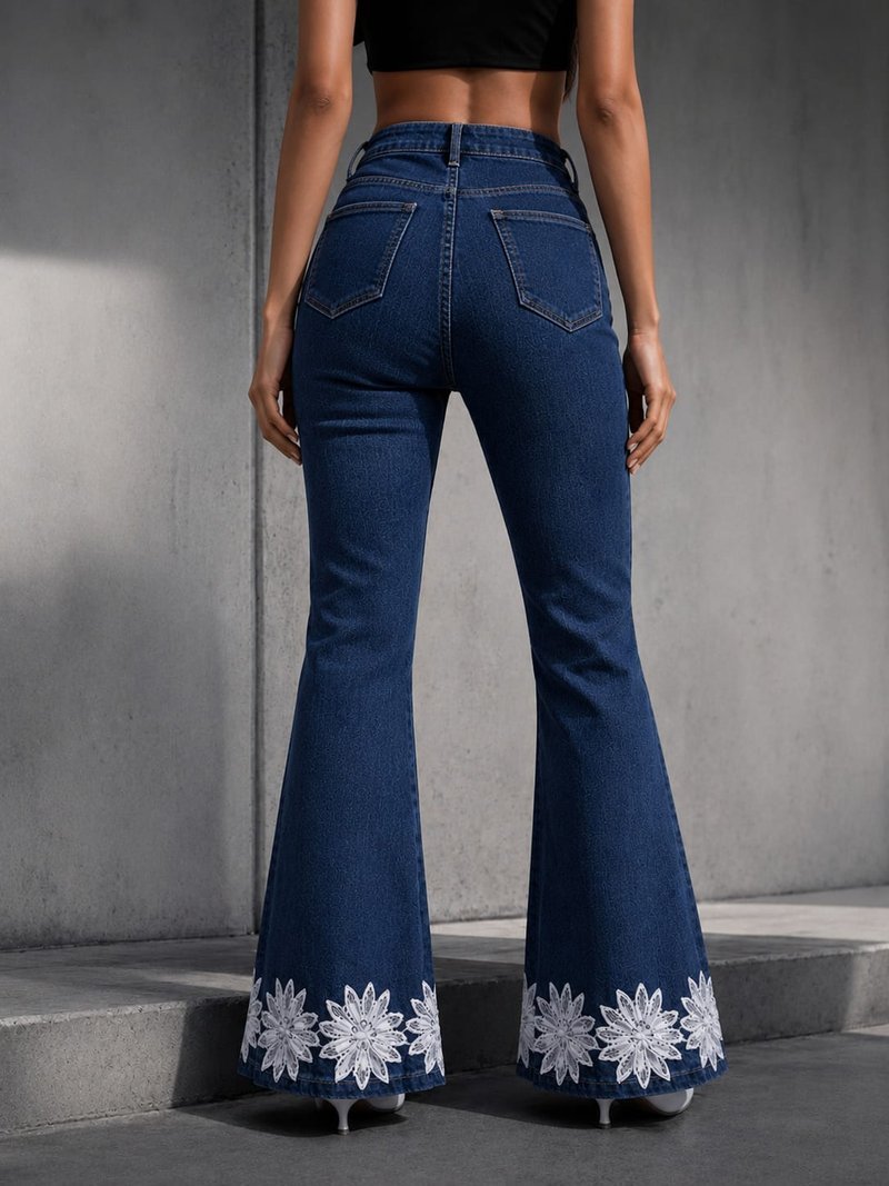 Floral-Applique Flare Jeans - back