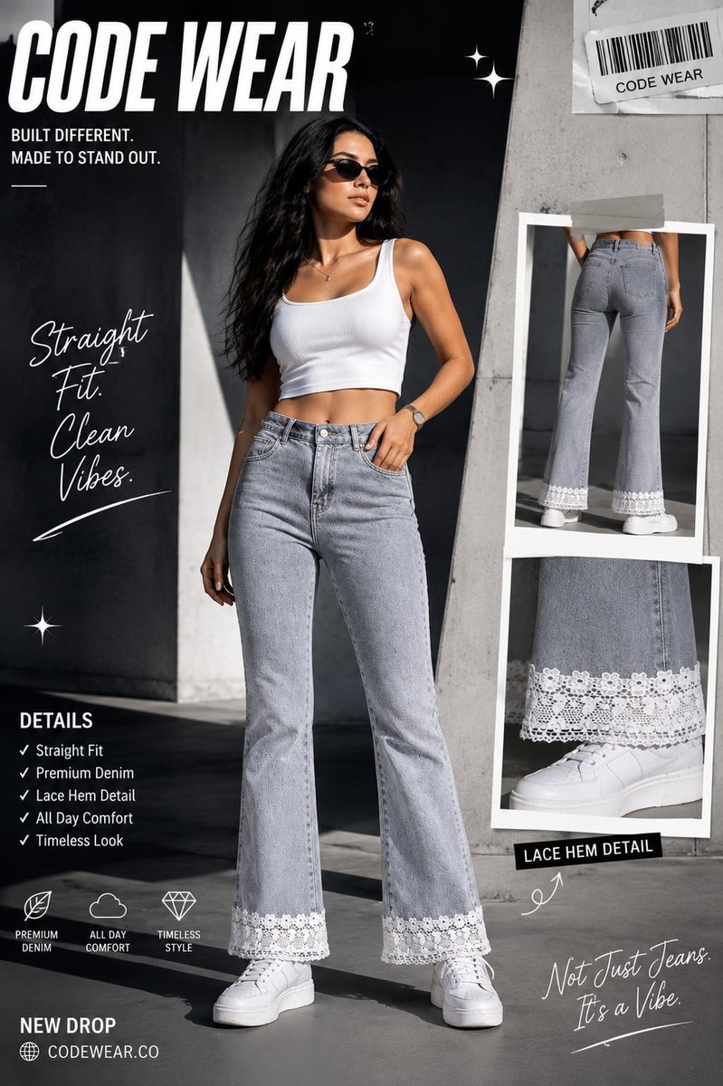 Lace-Hem Flare Jeans - Stone Grey