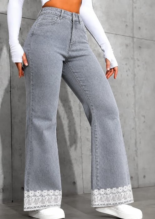 Lace-Hem Flare Jeans - front